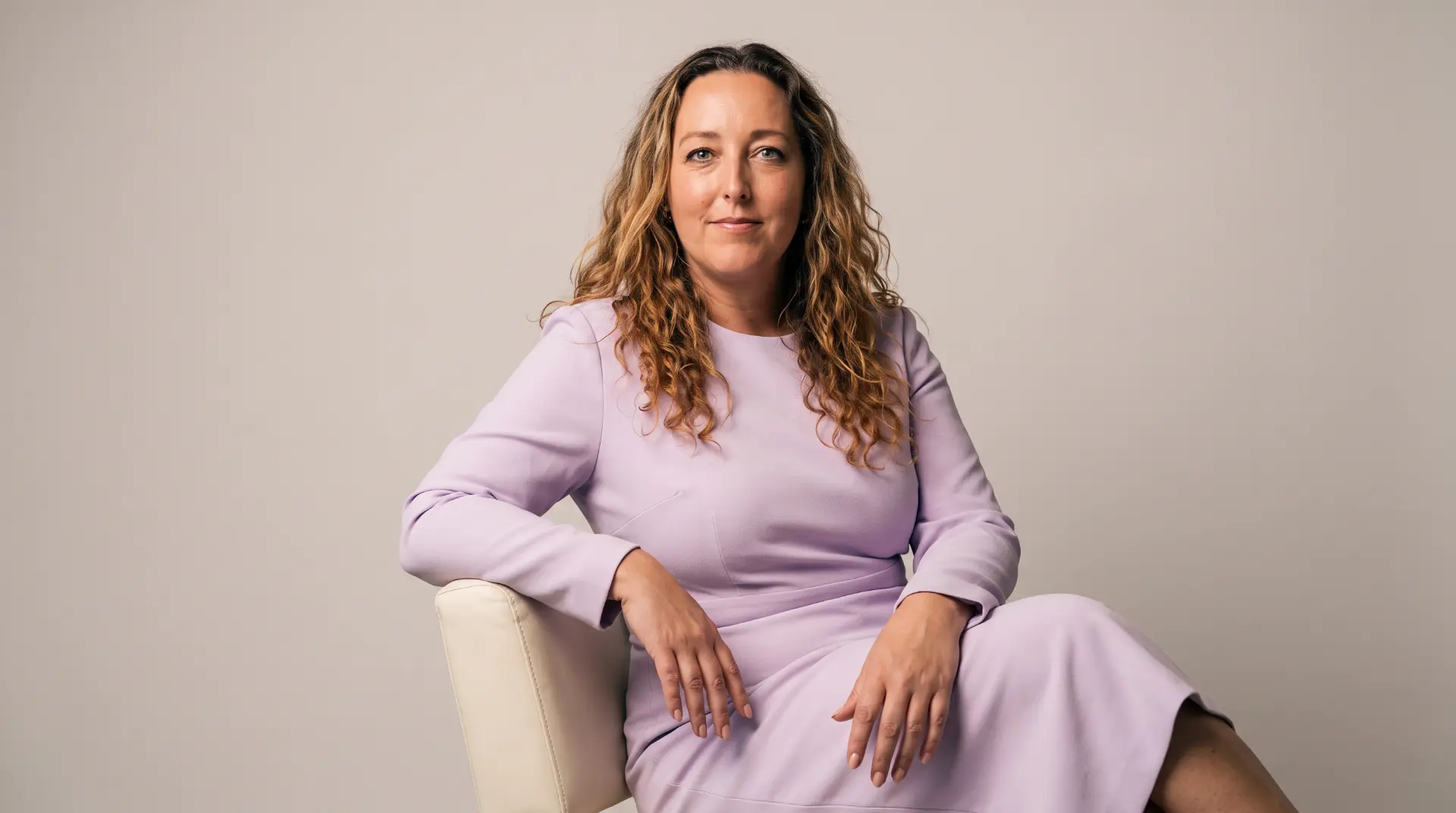 Daniëlle Eerenberg — portret in lavendelkleurige jurk, zittend in een stoel