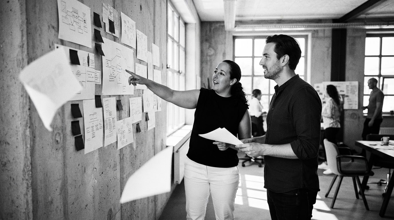 Danielle Eerenberg schetst een strategie op een wand met post-its tijdens een sessie