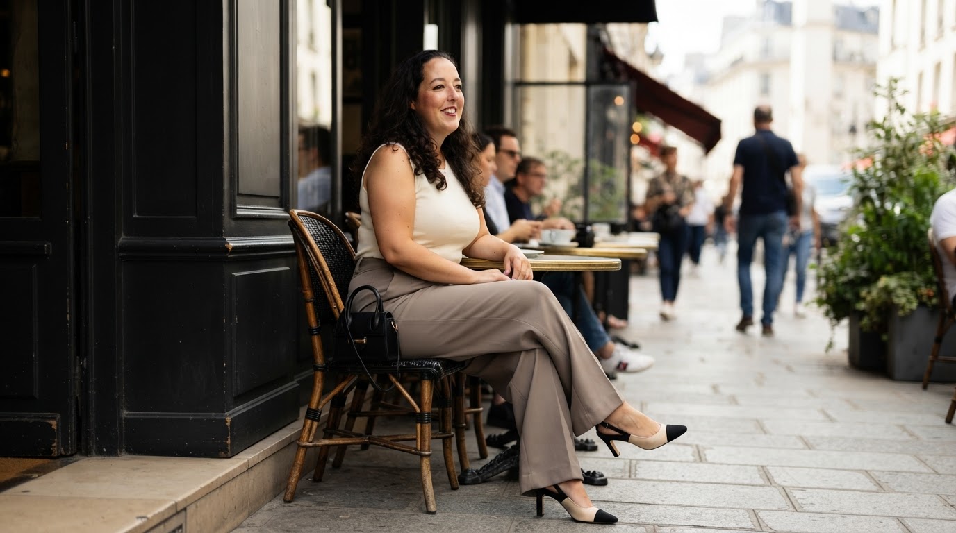 Danielle Eerenberg lachend aan een cafétafel in de stad