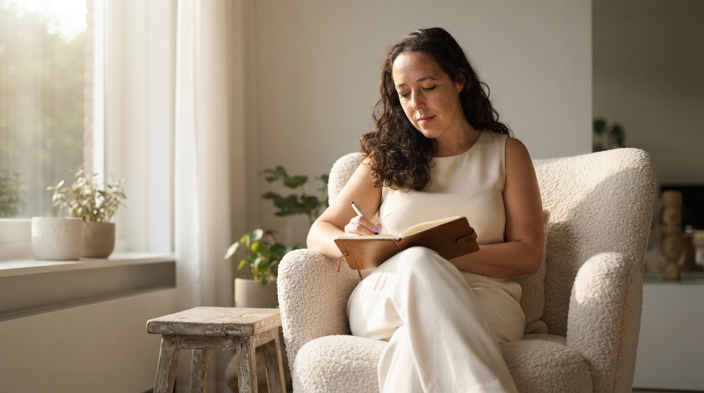 Daniëlle Eerenberg schrijft in een notitieboek, zittend in een fauteuil bij raamlicht